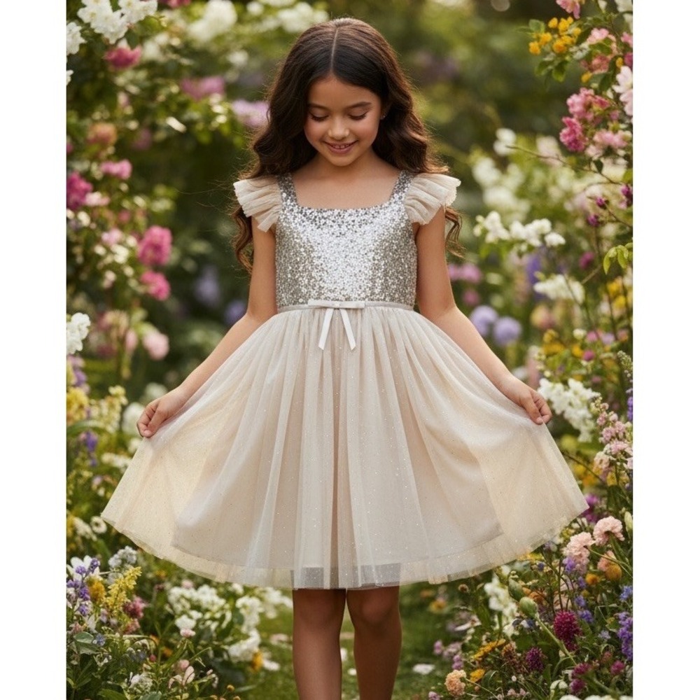 POPATU Girls Tulle Dress 8 Glitters Floral Sleeveless Beige Sequin Party‎ Satin